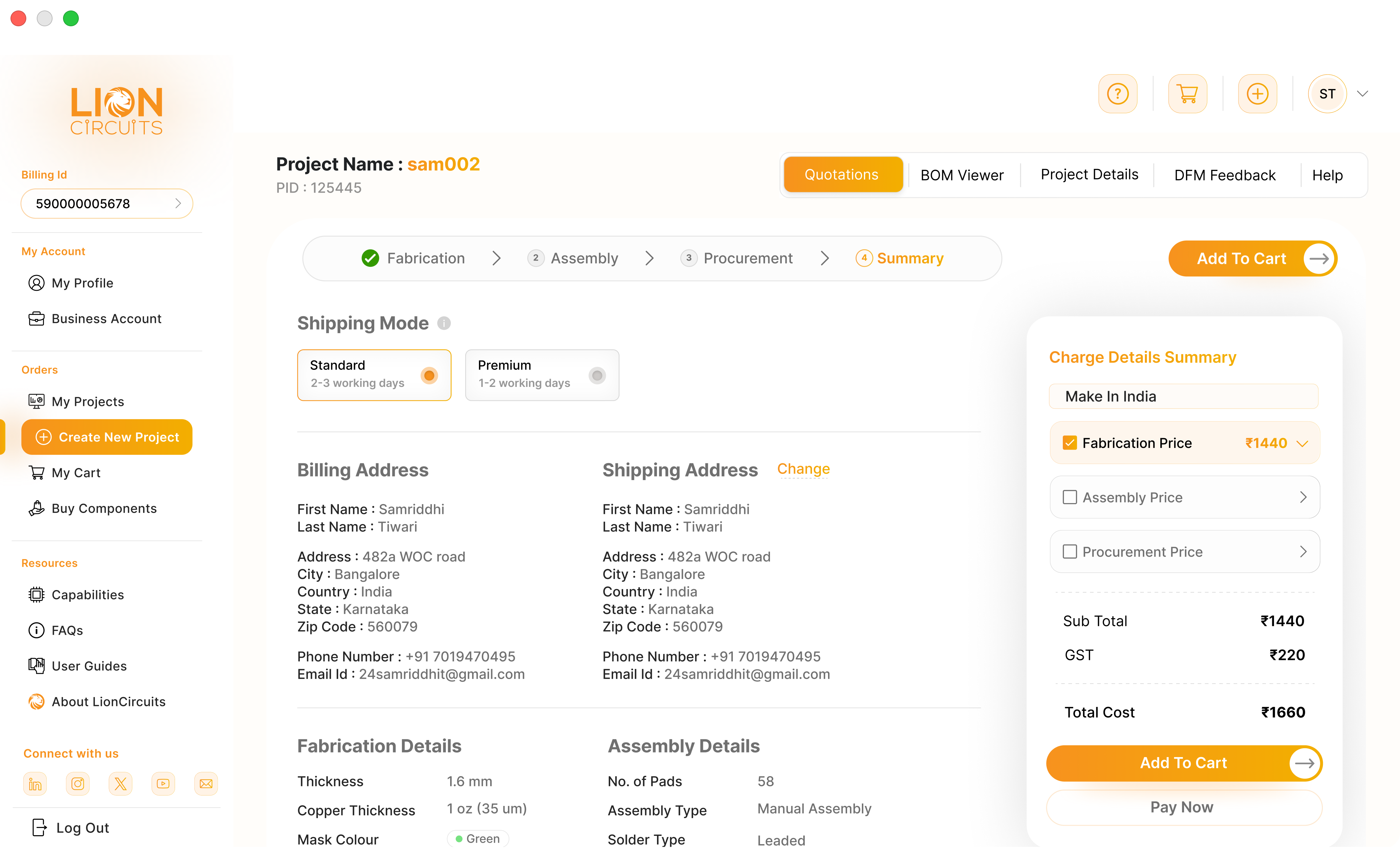 Project Summary screen